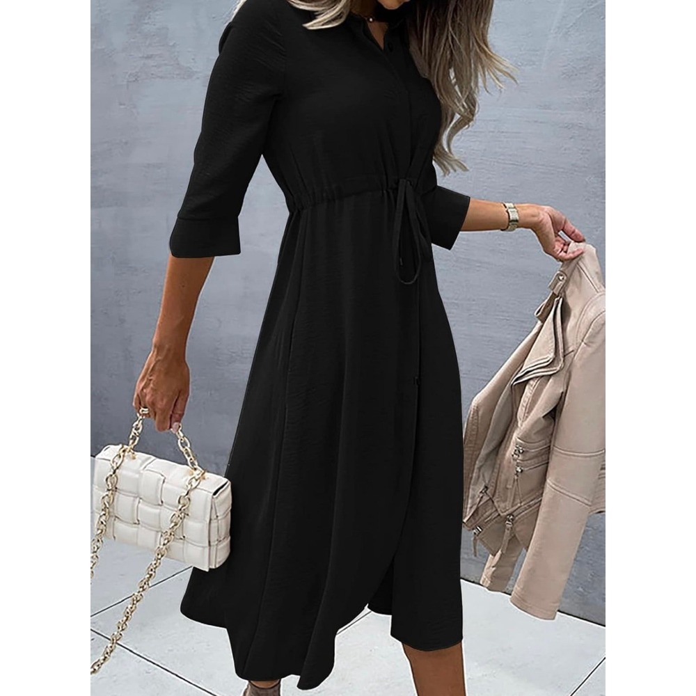 Black Midi Shirt Dress Drawstring Waist 3/4 Sleeve sz Medium